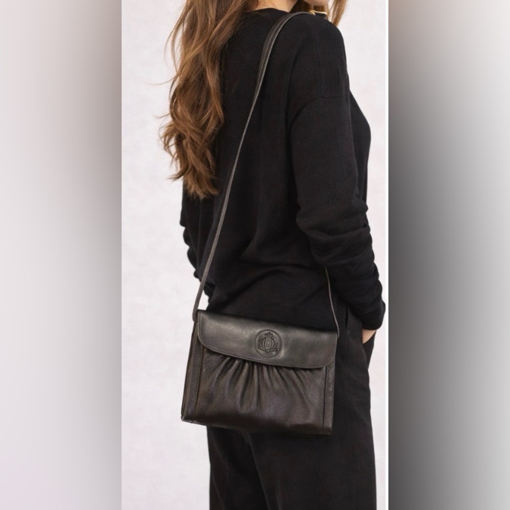 Vintage Fendi Black Leather Crest Crossbody Bag Clutch 1970s–80s Italy w/ COA
